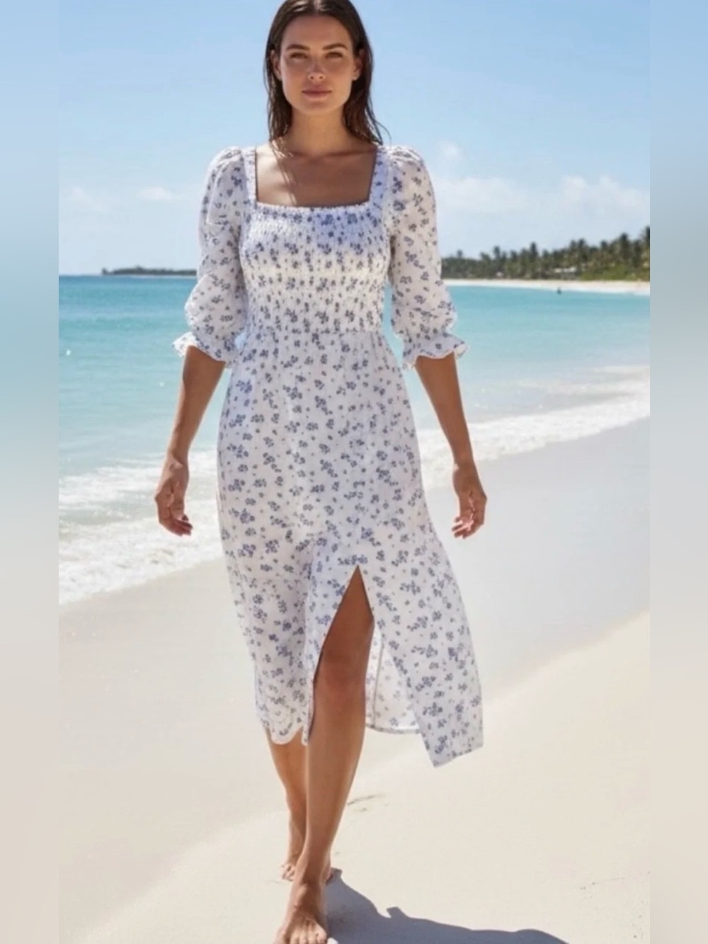 House of Harlow 1960 Floral Toile Linen Blend Smocked Midi Dress XS $348 - Picture 2 of 9
